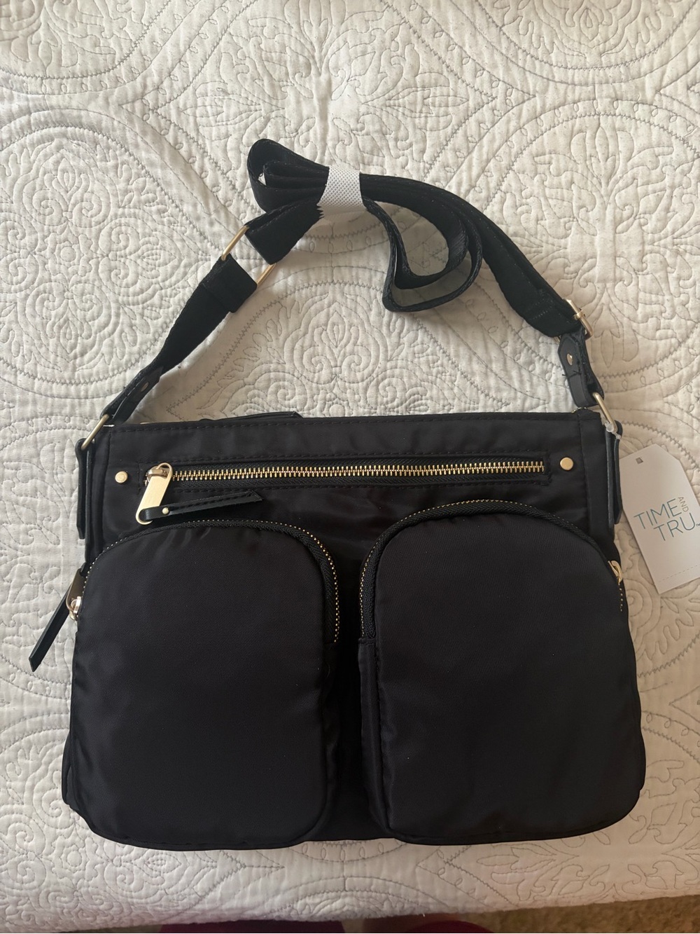 Black Nylon Crossbody with Twin Front Pockets and Gold Hardware